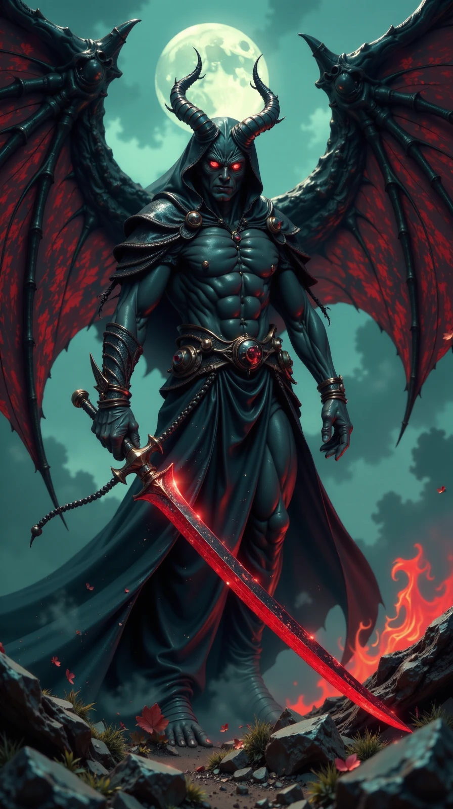 dark fantasy, eerie, horror,  a winged demon holding a "Fusion Sword Murasame Blade", eerie, unsettling, dark, spooky, suspenseful, grim, highly detailed ,<lora:Flux Darkfantasy_epoch_1:1>,