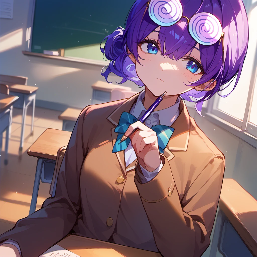 score_9, score_8_up, score_7_up, source anime, lens flare, 1girl, school uniform, open jacket, sitting, classroom, holding pen, spiral glasses, blue eyes, purple hair, eyewear on head, <lora:coke-bottle_glasses-xl-pony-v1:1>,