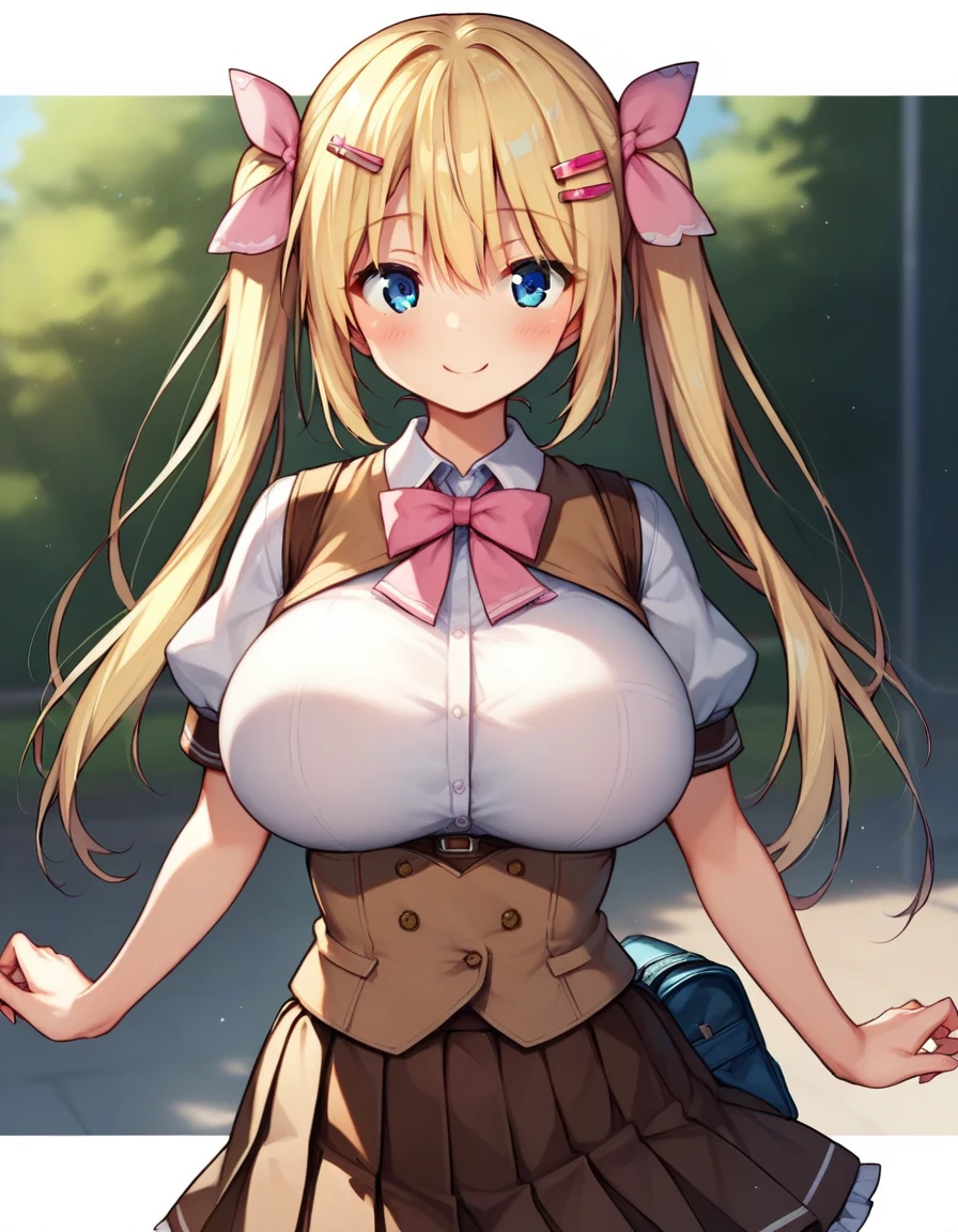 score_9,score_8_up,score_7_up,score_6_up BREAK official art,solo,outdoors,upper body,(portrait:1.5),looking at viewer,facing viewer,smile,blush,Toono Arisu,blonde hair,long hair,twintails,hair bow,pink bow,hair ribbon,pink ribbon,pink hairclip,sidelocks,hair between eyes,bangs,blue eyes,school uniform,neck ribbon,pink ribbon,brown vest,white shirt,collared shirt,puffy short sleeves,large breasts,underbust,framed breasts,impossible clothes,skindentation,corset,miniskirt,brown skirt,pleated skirt,frilled skirt,zettai ryouiki,frilled thighhighs,white thighhighs,loafers,<lora:Toono Arisu(n jk l)-Pony:0.9>,