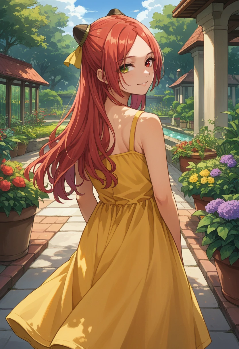 score_9, score_8_up, source_anime, 1girl, solo, ShibaTomoshibi, heterochromia, red hair, long hair, parted bangs, hairpods, from behind, yellow sundress, garden, day, sunshine, smile, looking back, <lora:ChamShibaTomoshibiPonyXL:1>