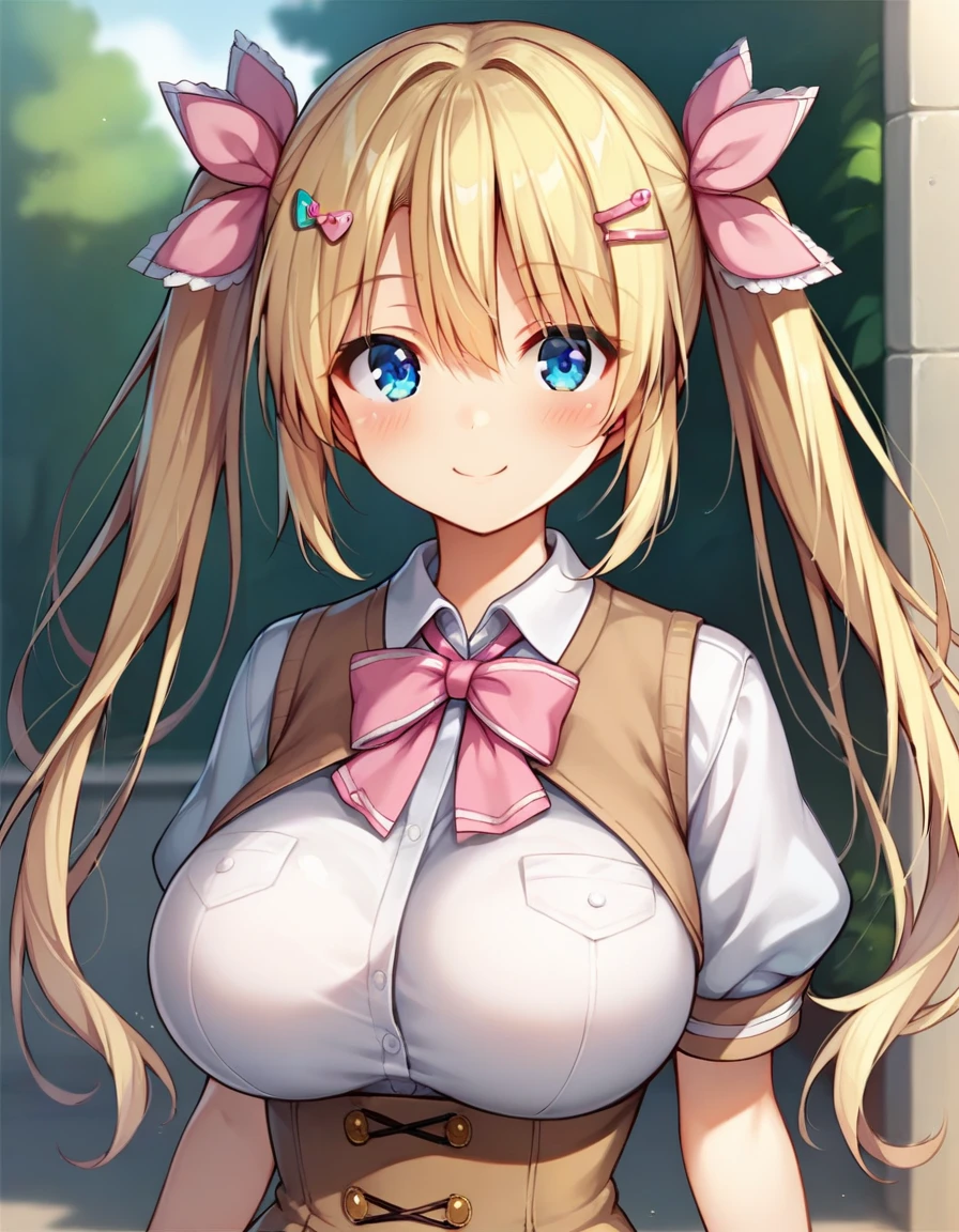 score_9,score_8_up,score_7_up,score_6_up BREAK official art,solo,outdoors,upper body,(portrait:1.5),looking at viewer,facing viewer,smile,blush,Toono Arisu,blonde hair,long hair,twintails,hair bow,pink bow,hair ribbon,pink ribbon,pink hairclip,sidelocks,hair between eyes,bangs,blue eyes,school uniform,neck ribbon,pink ribbon,brown vest,white shirt,collared shirt,puffy short sleeves,large breasts,underbust,framed breasts,impossible clothes,skindentation,corset,miniskirt,brown skirt,pleated skirt,frilled skirt,zettai ryouiki,frilled thighhighs,white thighhighs,loafers,<lora:Toono Arisu(n jk l)-Pony:0.9>,