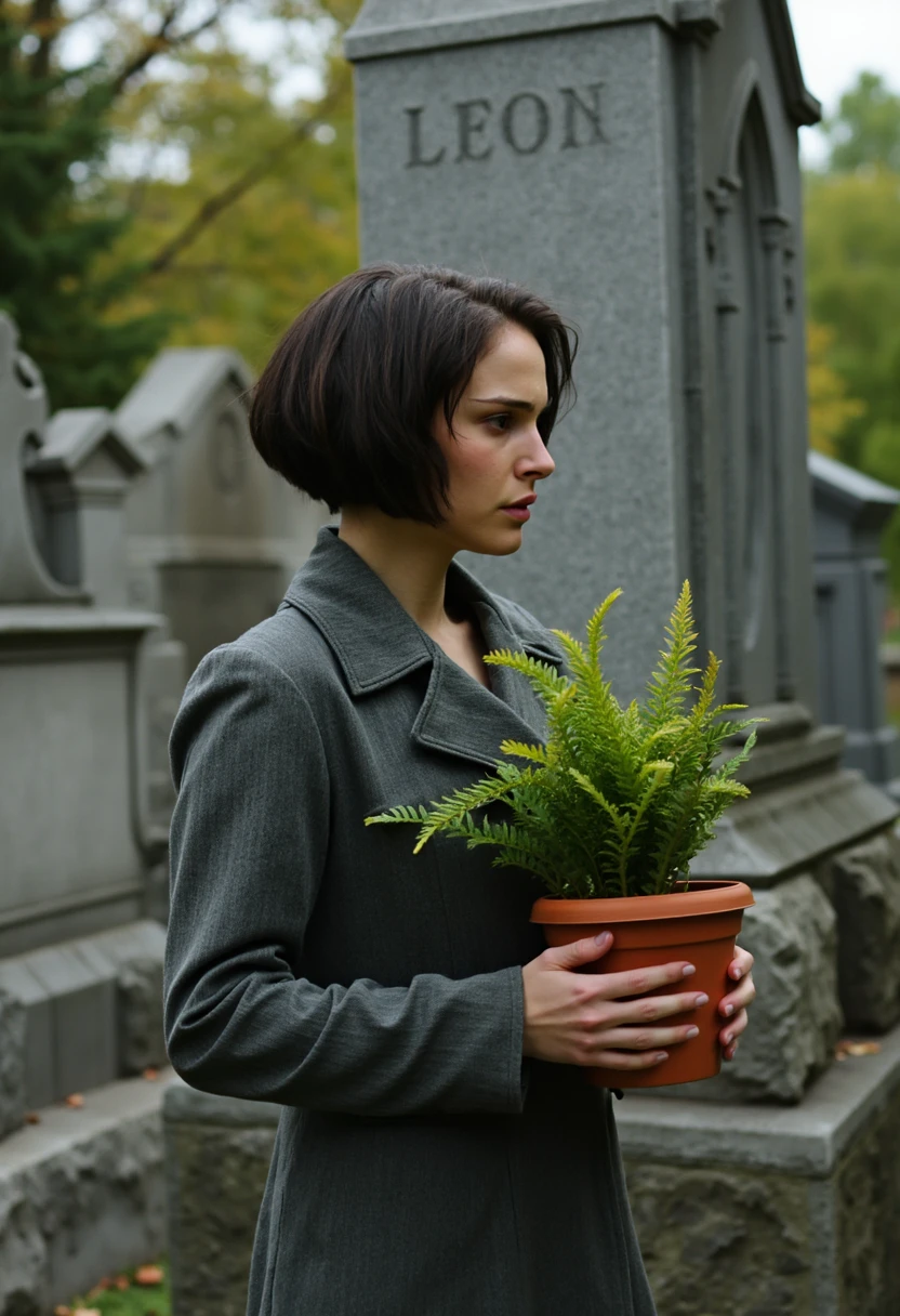 a raw photo of natalie portman with a black sleek bobcut holding a potted plant standing on a graveyard in new york. she stands in front of a gravestone with the inscription “Leon”