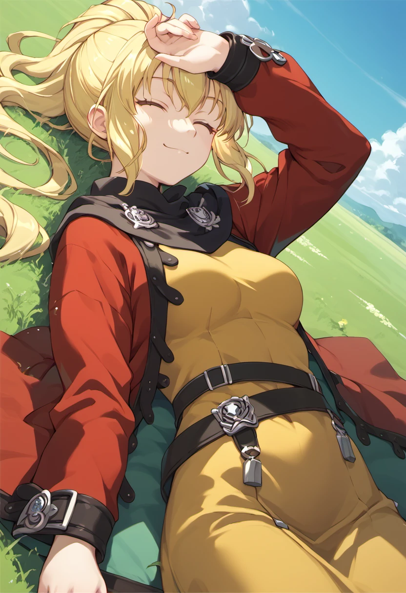 score_9, score_8_up, score_7_up, source anime, nagi su ragarl, 1girl, blonde hair, solo, long hair, red robe, closed eyes, ponytail, belt, medium breasts, looking at viewer, yellow dress, black scarf, lying on grasslands, smile, sky from above, <lora:ragarl_shizuka-xl-pony-v1:1>,