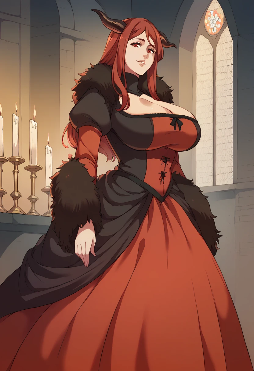 Maou, 1girl, solo,  standing inside medieval castle , (long [red|brown|red] hair), huge breasts, deep cleavage, demon horns, red eyes, dress, (black fur:0.8), (cape:0.6), looking at viewer, (candles:0.8), <lora:MaouXLpony002:0.8>, <lora:Eva_KissV2.5:1>, score_9, score_8_up, score_7_up,