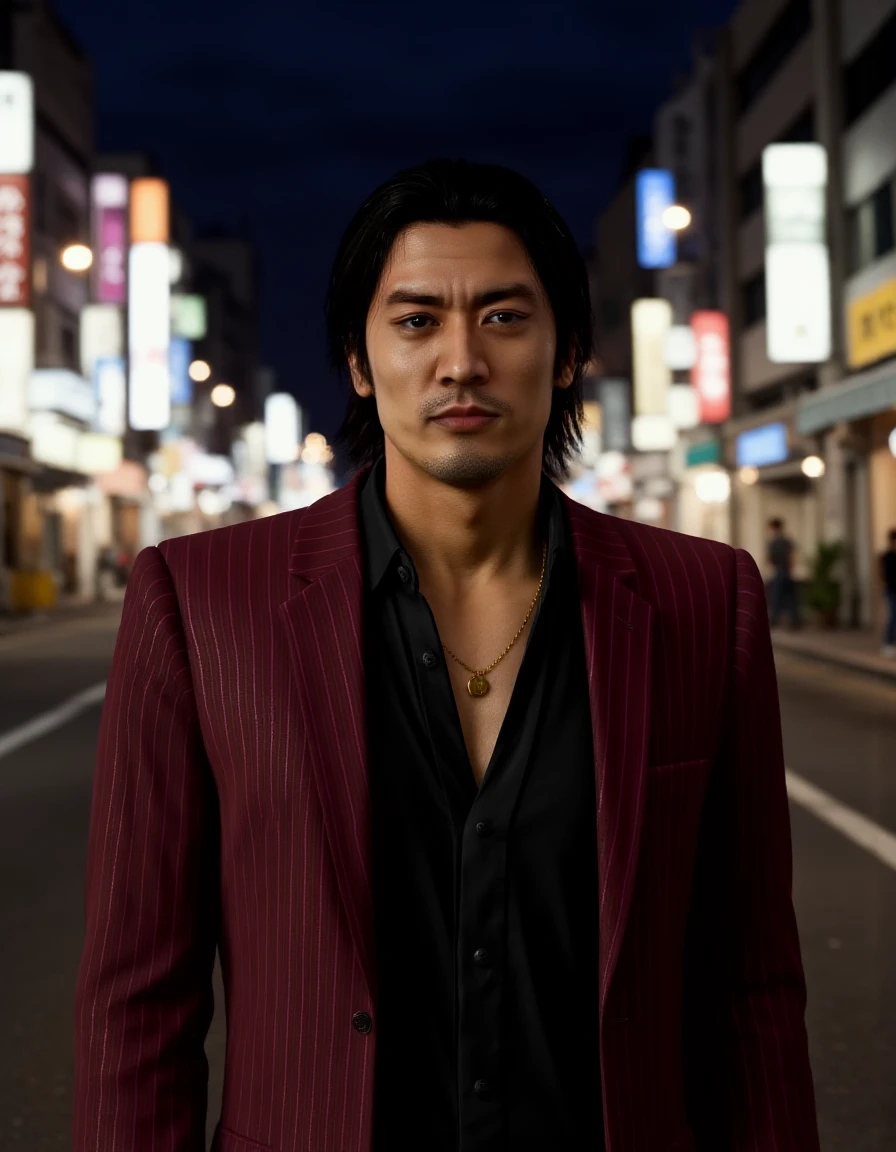 <lora:Shun Akiyama_epoch_11:1> Portrait of Shun Akiyama wearing maroon striped suit, black shirt and gold necklace. The background implies a Japanese city street at night.