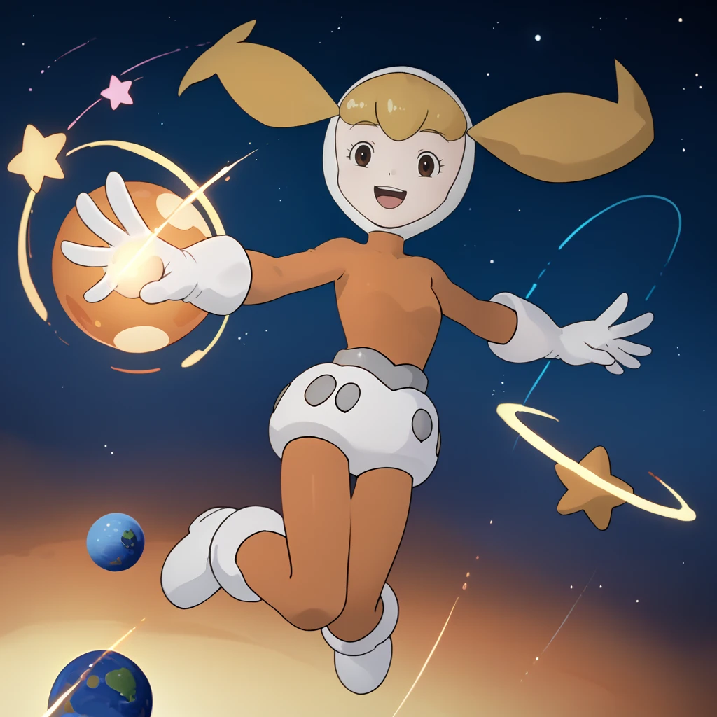 score_9, score_8_up, score_7_up, 1girl, solo, uncensored,  kaibaneiro,  smile, open mouth, flying, looking at viewer,  blonde hair, brown eyes, white hood, orange bodysuit, white gloves, white footwear, outdoors, abstract background, space, stars, planets   <lora:KaibaNeiroXL_v1.0:1.2>