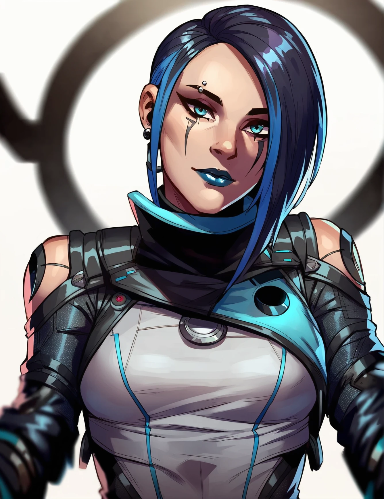 <lora:CatalystPony:0.6>,c_t, 1girl, two-tone hair, black and blue hair, dark blue lips, facial tattoos, blue eyes, eyebrow piercing, catalyst suit, collar, gloveslooking at viewer,cartoon_source,score_9, score_8_up, score_7_up,dynamic lighting , full body, pants