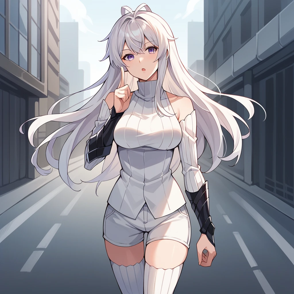 score_9_up, score_8_up, score_7_up, source_anime, 1girl, solo, GuYuena, Form_1st, street, cityscape, walking, looking at you, curious, open mouth, index finger up, head tilt, white hair, long hair, purple eyes, white shirt, turtleneck, detached sleeves, white sleeves, antenna hair, long sleeves, ribbed sleeves, black line, black gauntlets, ribbed thighhighs, white thighhighs, white shorts, bare hands, bare shoulders, mature body, dynamic cowboy shot, outdoors, cityscape background