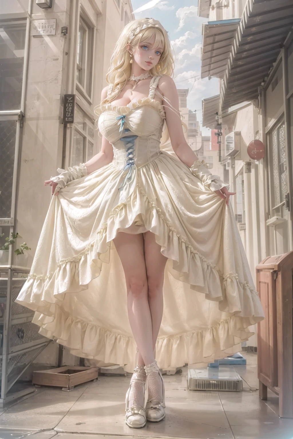 (masterpiece, best quality:1.2),illustration,8k,hd,solo,(blonde hair:1.4),1 girl,very long hair,cyan hair,solo,yg,white dress,earrings,choker,collarbone,footwear,heel,white gloves((cleavage:1.2)),huge breasts,(outdoors:1.4),(glowing blue eyes:1.3),full body,