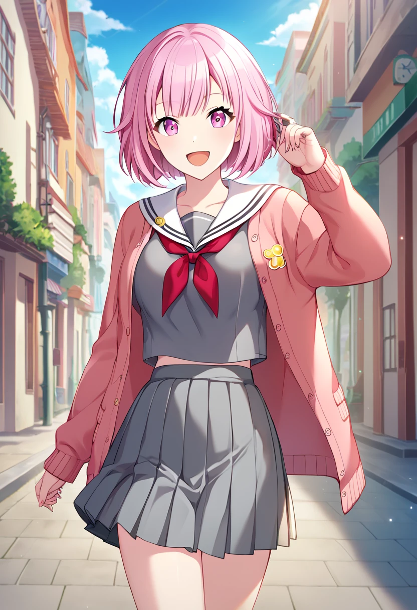 otori_emu, pink hair, short hair, pink eyes, official art, pink eyes, white sailor collar, cardigan, skirt, pink cardigan,  pleated skirt, school uniform, white sailor collar, red neckerchief, , grey shirt, open cardigan, grey skirt, BREAK outside, city street, BREAK looking at viewer, sexy face, sexy smile, open mouth, cowboy shot BREAK score_9, score_8_up, score_7_up, source_anime ,zPDXL, perfect hand, <lora:Otori_Emu:0.8>