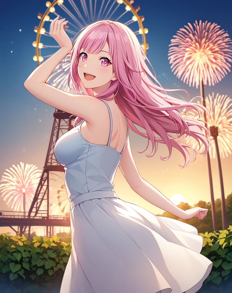 otori_emu, pink hair, long hair, pink eyes, sundress, medium breasts ,official art, medium breasts,  BREAK outside, fireworks, luna park,ferris wheel, detailed background, asymmetrical background BREAK looking at viewer, sexy face, sexy smile, open mouth, cowboy shot, dynamic pose, from behind, looking back BREAK score_9, score_8_up, score_7_up, source_anime ,zPDXL, perfect hand,<lora:Otori_Emu:0.8>