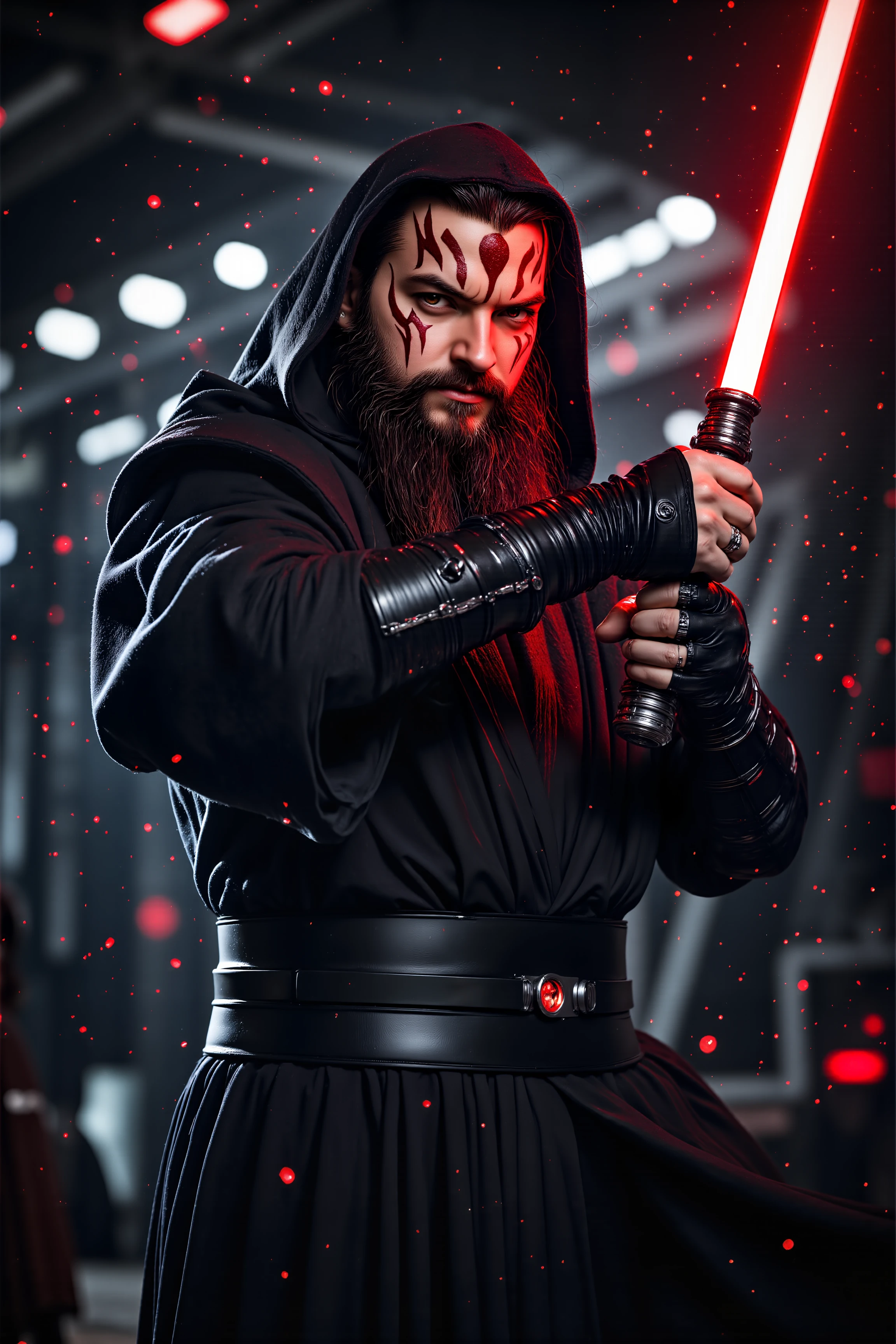 A hyper-realistic, photorealistic photo image of  A man with big beard and longer hair in sithoutfit with red lightsaber with evil smile attacking a robot in a space base. (photography, high-resolution, dynamic, energetic,hyper-realistic, dramatic lighting, shallow depth of field.), detailmaximizer, MythP0rt<lora:midjourney_whisper_flux_lora_v01:0.55><lora:aidmaMJ6.1-FLUX-V0.1:0.4><lora:FluxMythP0rtr4itStyle:0.4><lora:detailed_flux_ntc:2.2><lora:aidmaImageUpgrader-FLUX-V0.1:0.65><lora:SITH_FLUX:1.1>