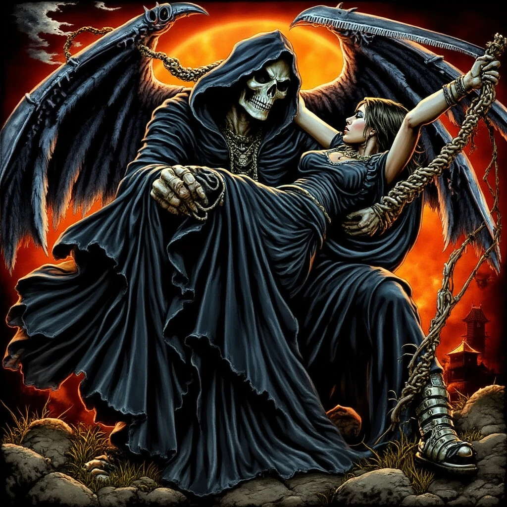 sk11ll, an rock or metal album cover heavy stylized of the grim reaper holding a dame in his arms