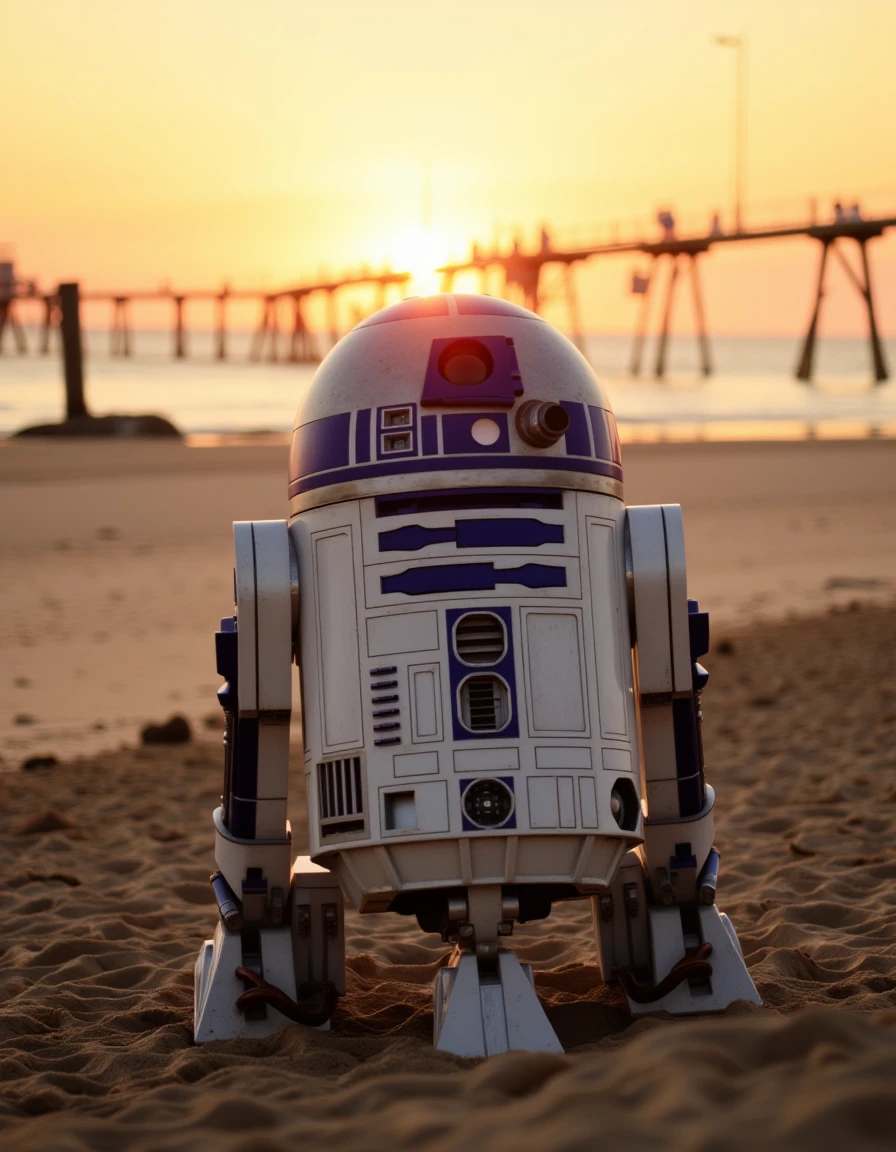 a Photo of a r2d2 star wars droid,beautiful composition,at a Sunset Pier â Wooden planks stretching out to sea with warm evening light.,Build a sandcastle,lucasfilm,star wars characters in background,8k,tacksharp, <lora:r2d2:1>