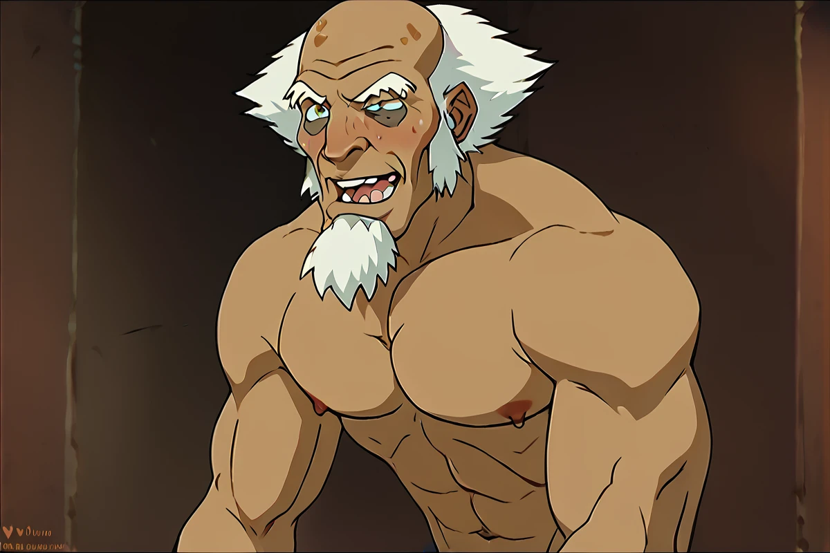 score_9, score_8_up, score_7_up,  solo, <lora:dizdoodz:0.8>  <lora:King_Bumi_Avatar_The_Last_Airbender:0.7> bald, dark skin, topless male, facial hair, beard, white hair, old man, old, muscular, pecs, rubbing nipples, looking pleasured  <lora:add_detail:1>