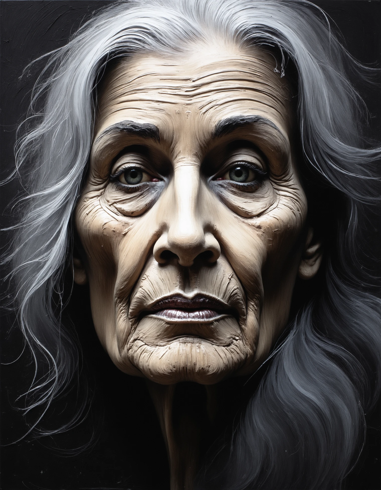 zavy-rghpnt, A striking close-up of an elderly woman’s face, every wrinkle and line of her aged skin painted with thick, heavy brush strokes. The texture is so rough that it almost feels like you can reach out and feel the creases of her skin. The deep folds around her eyes and mouth are rendered with dark, jagged streaks of paint, emphasizing her years of wisdom and hardship. Her eyes, slightly sunken but still bright, are painted with thick, impasto strokes, making them glisten and stand out against the textured background. Her gray hair, depicted in sweeping, coarse strokes, flows into the abstract background, giving the piece a sense of both weariness and resilience