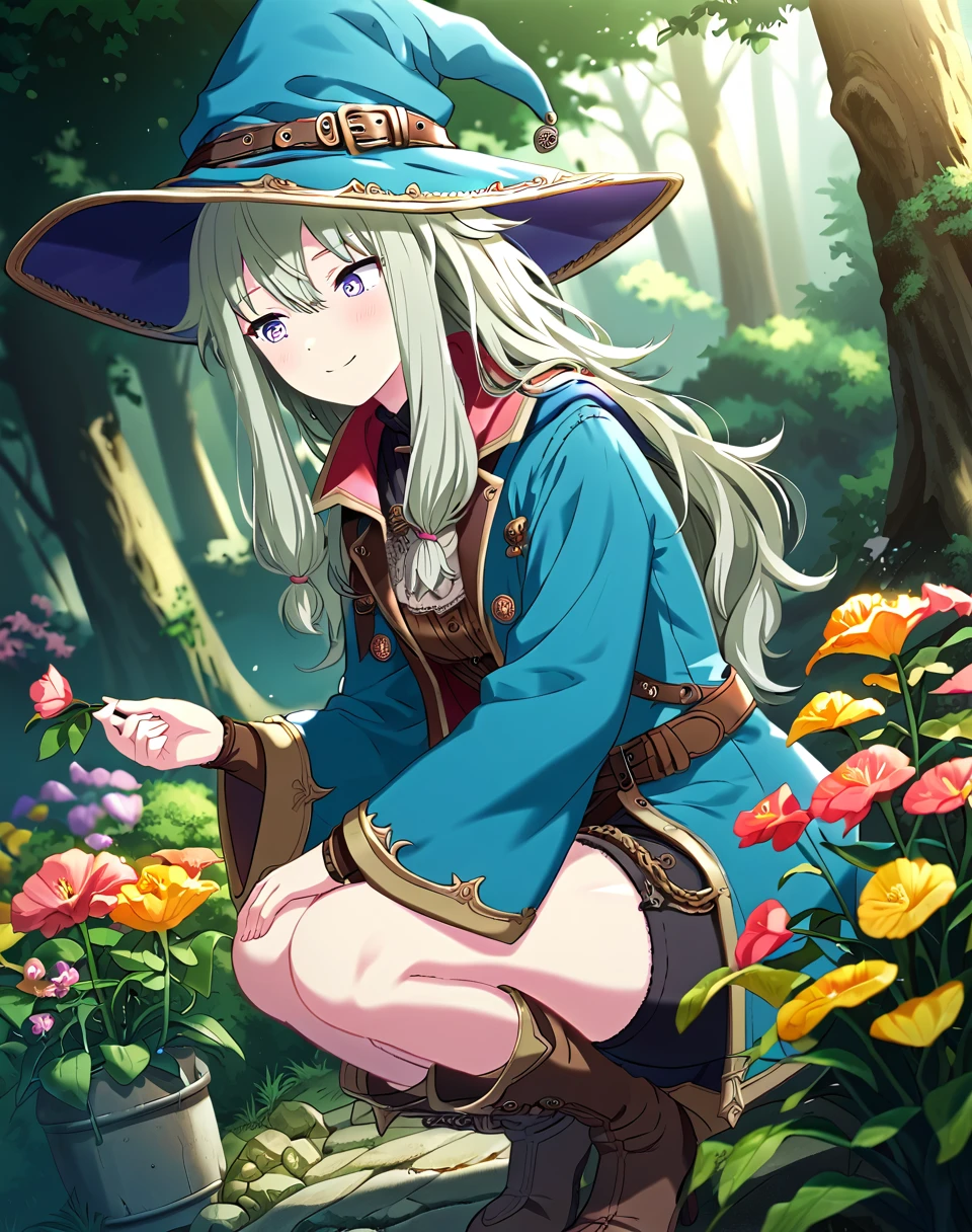 kusanagi_nene, long hair, green hair, purple eyes, official art,  tied sidelocks, witch hat, blue headwear, long sleeves, bangs, belt, hair between eyes, wide sleeves, jacket,  witch outfit BREAK outdoors, forest, flowers, detailed background, trees BREAK looking at flower, looking down, cute face, smile, blush,  cowboy shot, squatting, picking flowers  BREAK score_9, score_8_up, score_7_up, source_anime ,zPDXL, perfect hand, <lora:Kusanagi_Nene:0.8>, dutch angle,  slightly from side,