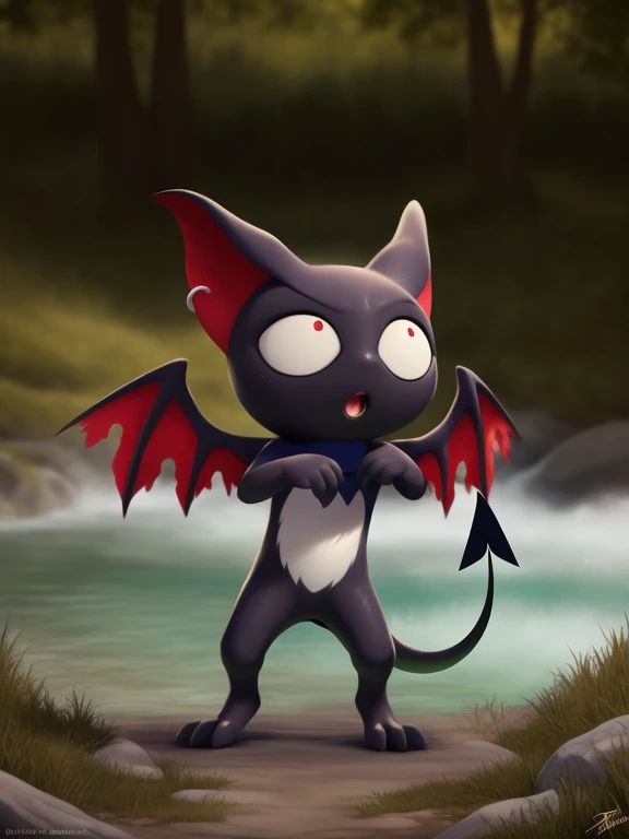 <lora:DanteMonkartYiff:1> DanteMonkart, black skin, red eyes, earring in the ear,  wings, earring, white belly, (tail, pointed tail), chibi, small body, 
Looks at the viewer, [ solo, nature, forest, day, clouds, waterfall,]  ((dancing ))
(beautiful, aesthetic, perfect, delicate, intricate, saturated colors), masterpiece, digital drawing, best quality,
[by dagasi|ancesra:0.6], [by foxovh|personalami:0.5], [by einshelm|tom_fischbach],
