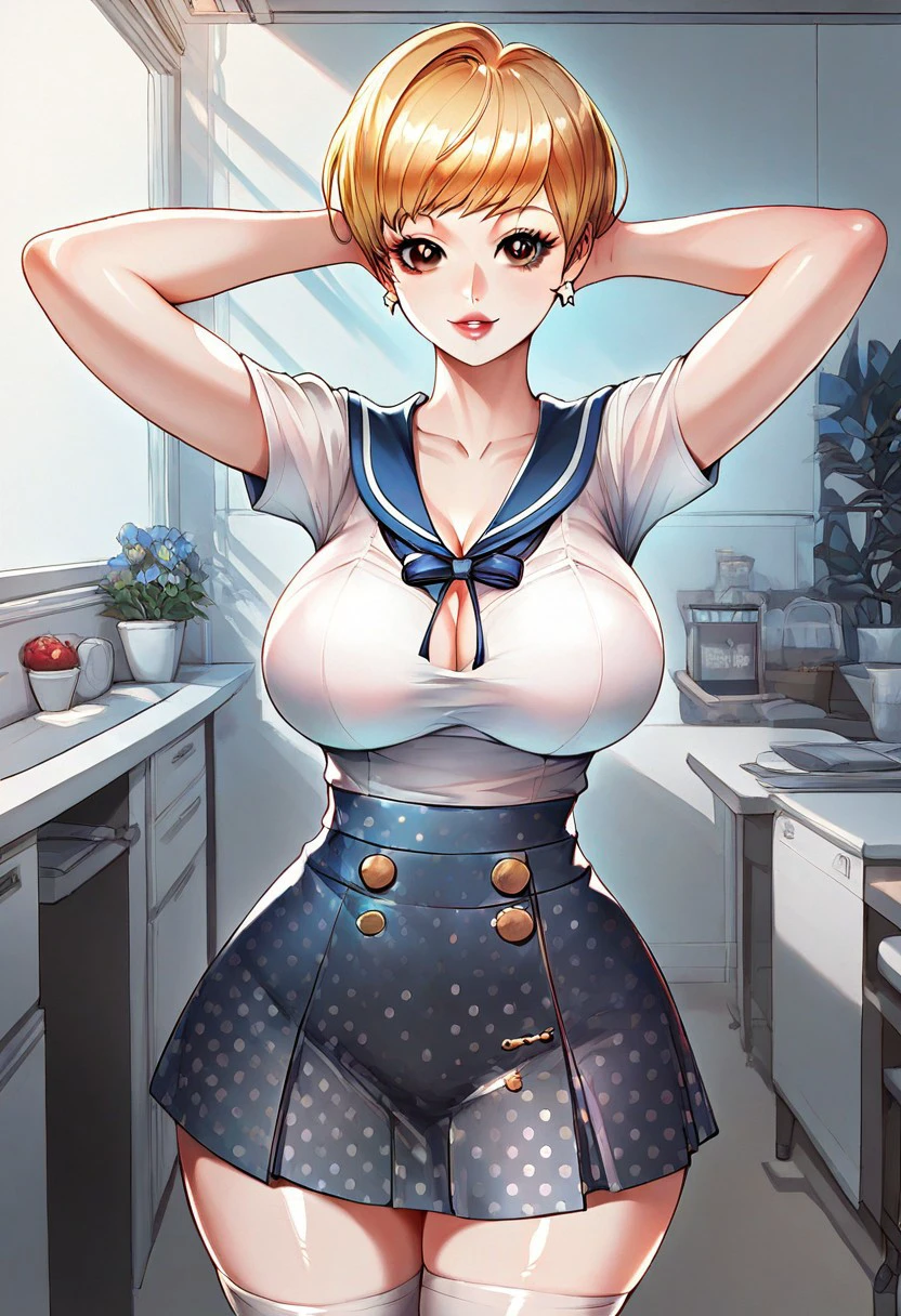 score_9, score_8_up, score_7_up, ASCII masterpiece, source_anime, BREAK, 1girl, solo, (( <lora:seo_da-jung:1> , seo_da-jung, thin waist, wide hips, beautiful skin, piercing brown eyes, clear eyes, bright pupils, beautiful eyes, beautiful blonde hair, beautiful cute short hair, bangs, huge and shaggy breasts, natural beauty, extraordinary beautiful woman, attractive woman, super sexy woman, lustful body, sexy woman with seductive obscene body, sensual body, voluptuous body, sexy beauty, no piercings, no piercing, )) , (cute short-sleeves white top with black bow decoration and sailor collar, huge cleavage, obscene cleavage, white dotted red pencil skirt, white thighhighs, grey shoes, white star-shape earring, )) , looking at viewer, sexy pose, cowboy shot, seducative smile, sexy, hands behind head,