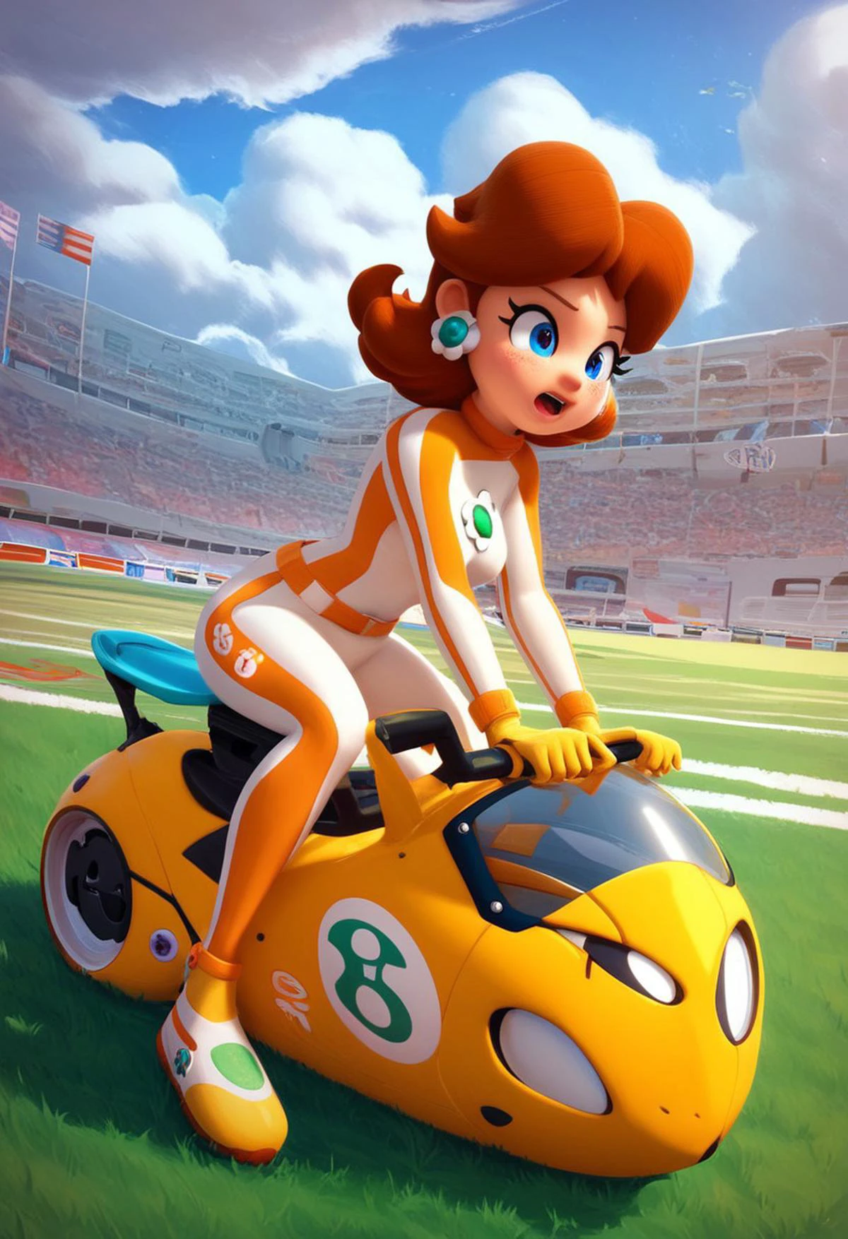 Score_9, score_8_up, score_7_up, 1girl, Pr1nc3ssD41sy, Race Day Outfit, Bikesuit, riding sports bike,