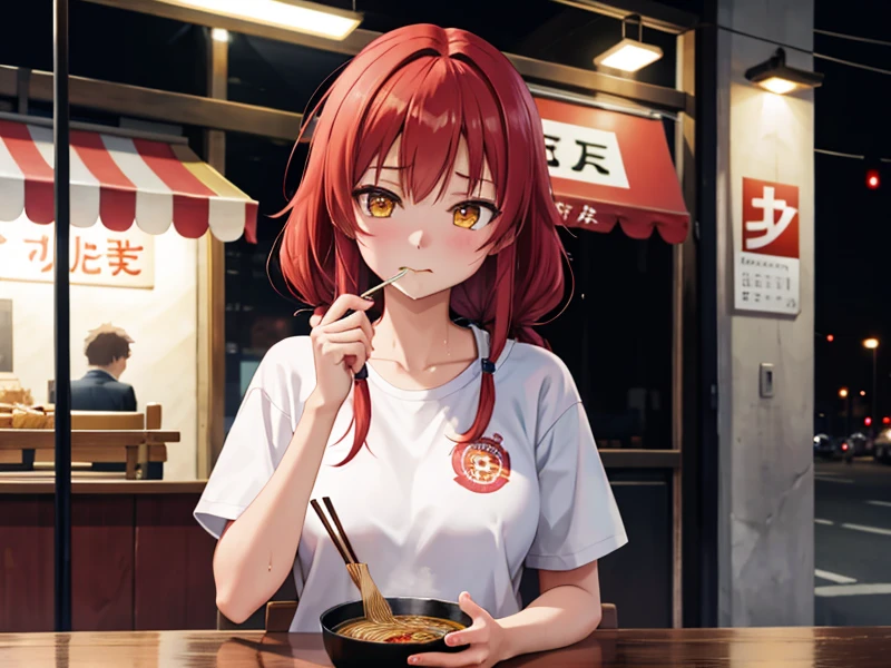 1girl,solo,eating,holding chopsticks,ramen,food,red hair,yellow eyes,sweat,casual T-shirts,food stand,outdoors,hot,booth seating,night,street,building,photo background,look looking at food,sfw,busy,surreal,, (masterpiece,best quality:1.4),unparalleled masterpiece,finely detail,incredibly absurdres,perfect artwork,highres,hdr,8k,cg,perfect anatomy,ultra detail illustration,anime screencap,original,extremely detailed unity 8k cg wallpaper,natural lighting,cinematic lighting,BREAK,