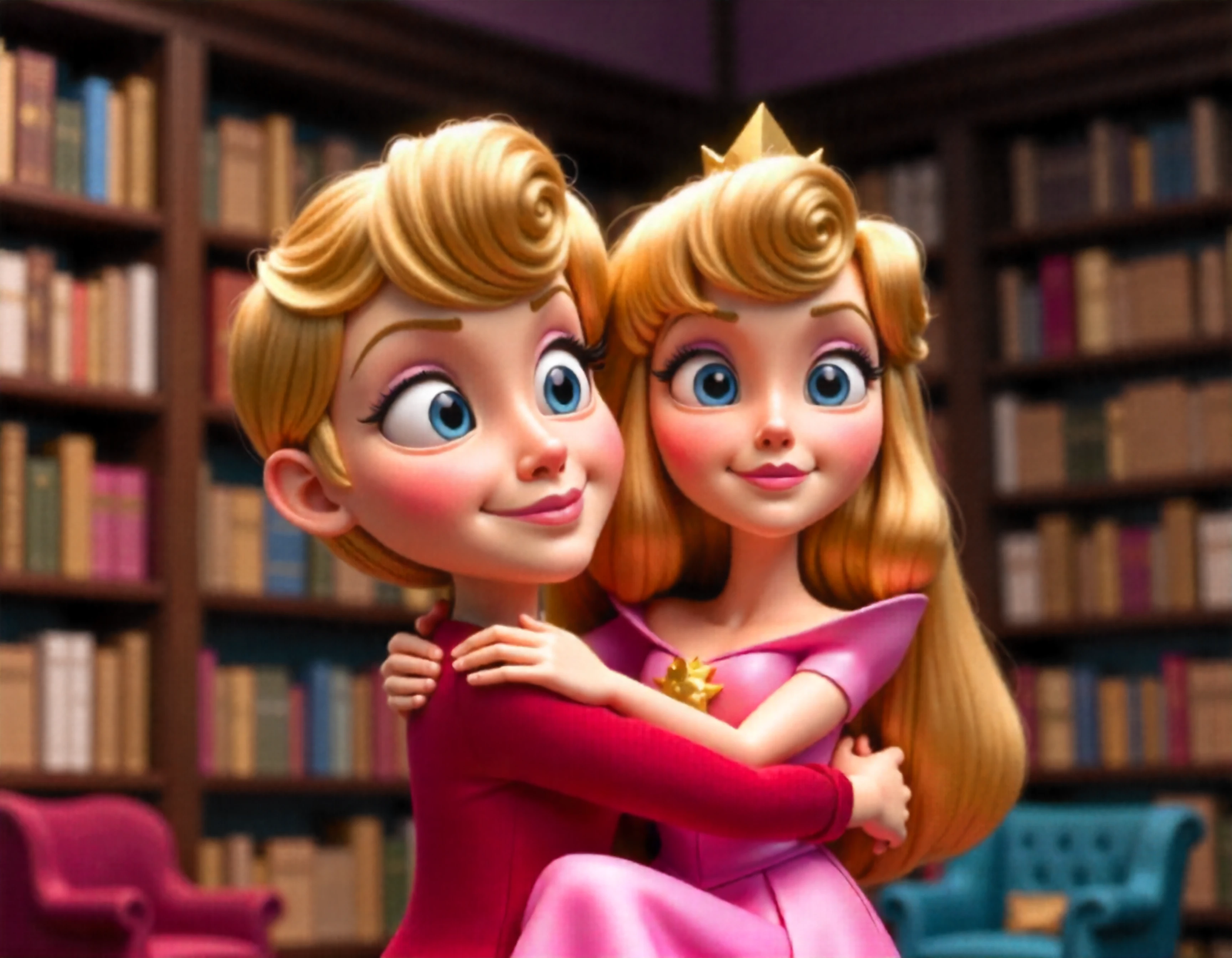 a claymation stop-motion aesthetic with hand-molded characters, textured surfaces, and a tactile, physical appearance,, characters are cliche and recognizable ,BREAK,  ,  Calvin from Calvin and Hobbes, blond hair, red-striped shirt, imaginative,   and  the princess woman Aurora with blonde hair, blue eyes, a pink dress,  , one  is carrying   the other, ,at a cozy bookstore with comfy chairs and the smell of old books