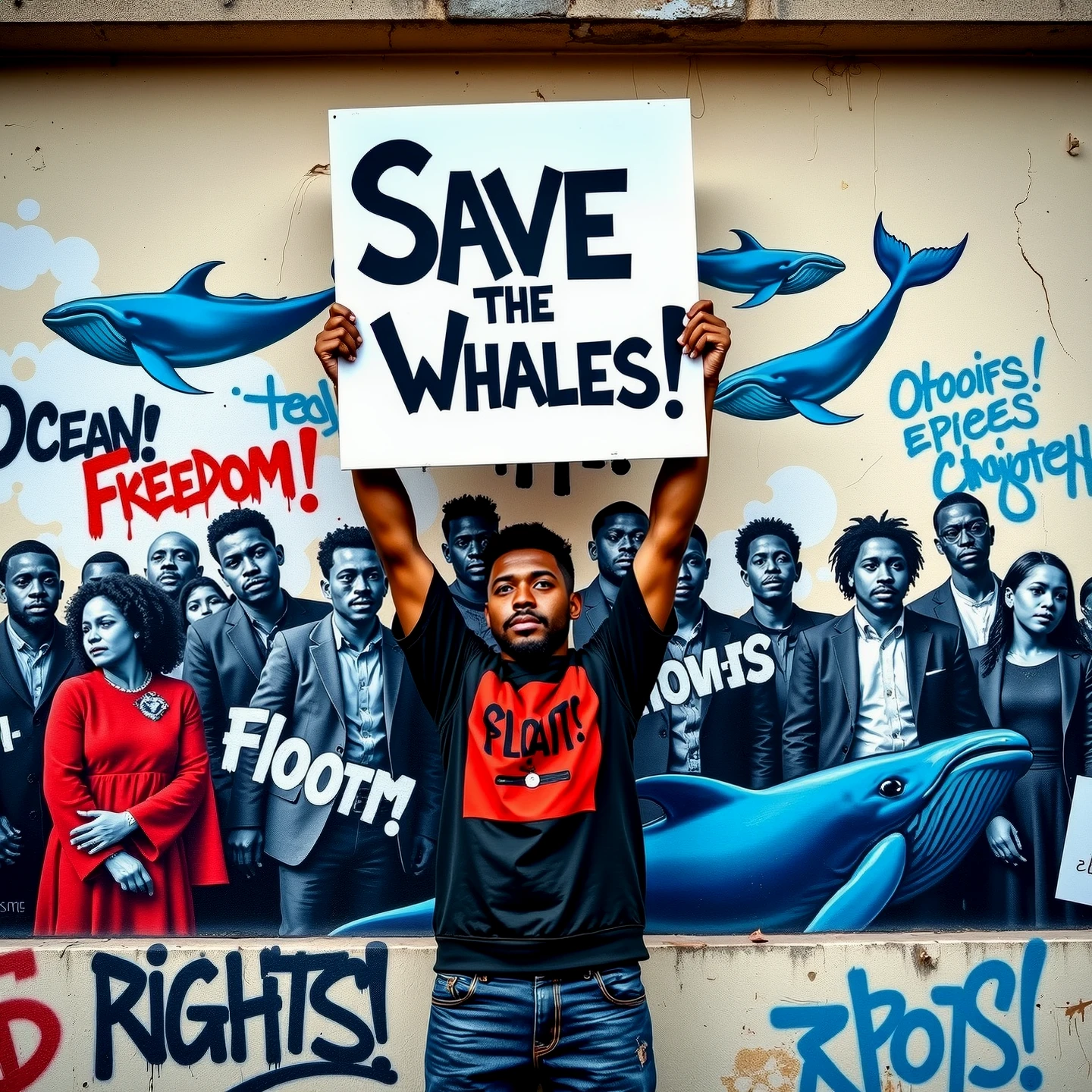 A protest scene. Graffiti. A man holding a protest sign "Save the Whales". 

The wall depicts a spray painted crowd of protesting people. Words painted on the wall: "Ocean", "Freedom", "Rights!".

Whales painted on the wall.

prtstCE style