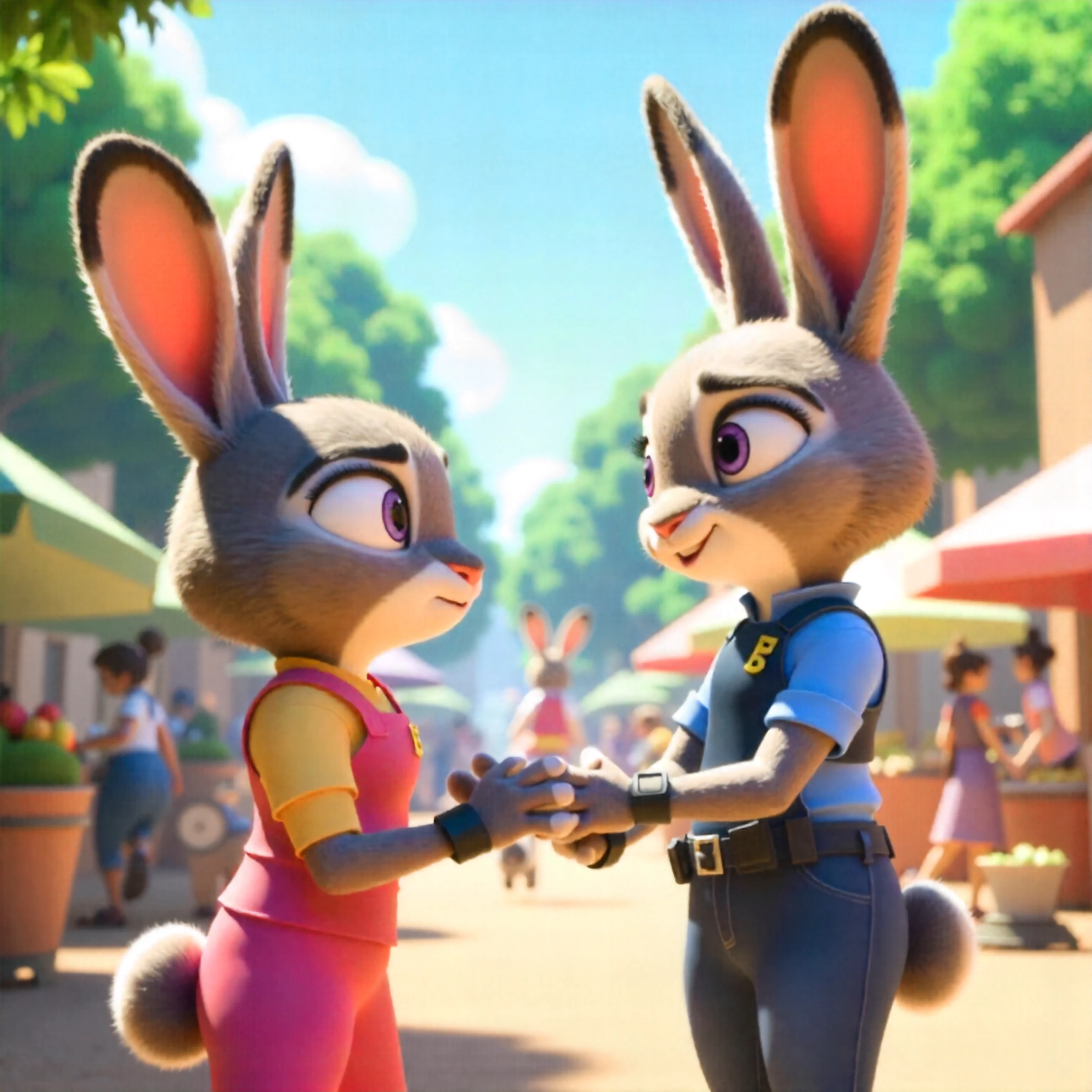 a watercolor painting style with soft, flowing colors, light brushstrokes, and whimsical, dreamlike compositions,,3d animation, Stylized realism, iGroom, Ray-Tracing, two characters in a scene together, the characters are cliche and recognizable ,BREAK,  ,  jdyhpp, an anthro rabbit girl with grey fur, purple eyes, eyelashes, darkened eyebrows, and a petite stature, , one  is winning a bet against   the other, ,at a busy market with fresh produce and bustling shoppers