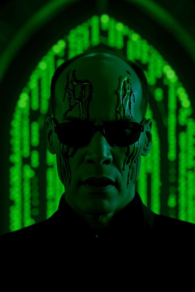 mtrixs style <lora:flux_02_matrix_mtrixs_style:1>
Agent Smith's transformation: Agent Smith's face begins to distort as he morphs into another person, his features rippling like liquid. The background shows the iconic green Matrix code faintly glowing around him as he maintains his cold expression.