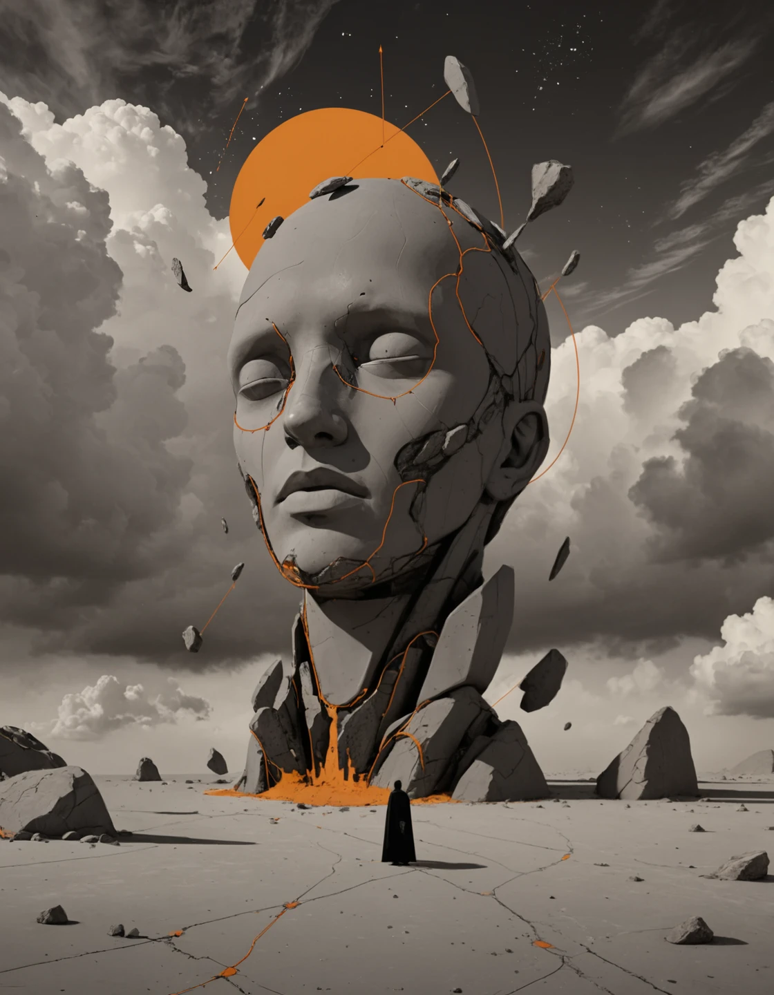 vmos, tiny cloaked person standing on a vast grey plane with rocks, a gigantic deconstructed head floating in pieces, orange black circle, orange waypoint lines, white cloud on horizon, black sky with white stars