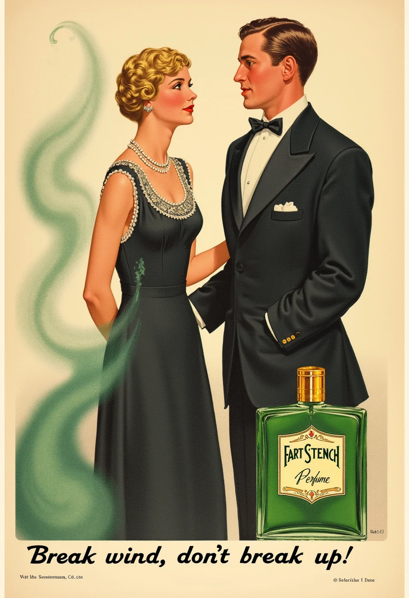 The image is a vintage advertisement for FART STENCH perfume, rendered in a classic, detailed, and colorful style typical of early 20th-century advertising art. The artwork features a couple dressed in elegant attire from the 1920s or 1930s. The woman, positioned on the left, is a woman with short, curly blonde hair styled in a bob, wearing a dark, ornate dress with a delicate lace collar. She is passing gas, as a green cloud is coming out of her ass. Her husband, dressed in a suit, is making a disgusted face. At the bottom corner is a green perfuime bottle titled "FART STENCH". At the bottom of the photo is a slogan, "Break wind, don't break up"