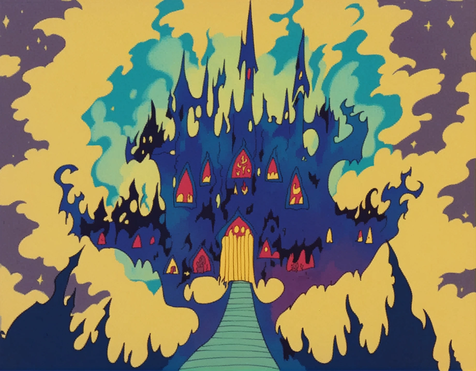 <lora:ohnnyCorncob_pony_v2:1> a frame from "johnny corncob \(1973\)", a cartoon image of  Evil Spirit A dark, foreboding castle where a wicked queen reigns, score_9, score_6_up, score_7_up