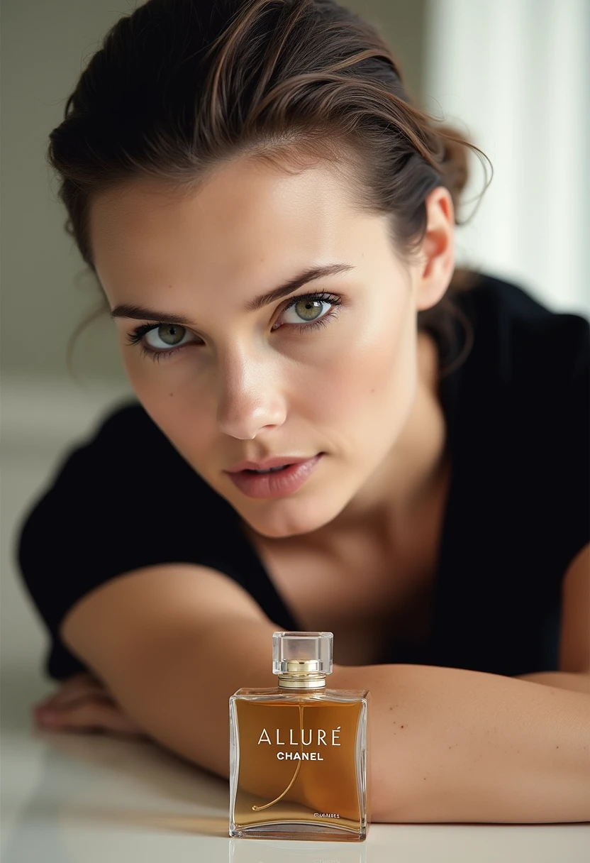 The image is a high-fashion perfume advertisement for Chanel's Allure fragrance. It features a photograph with a sophisticated, minimalist design. The main subject is a woman with a fair skin tone, striking green eyes, and her hair styled in a sleek, pulled-back manner. She is dressed in a black top, which is barely visible as she leans forward, her arms resting on her knees. Her facial expression is composed and slightly enigmatic, with a subtle, knowing gaze directed towards the camera.