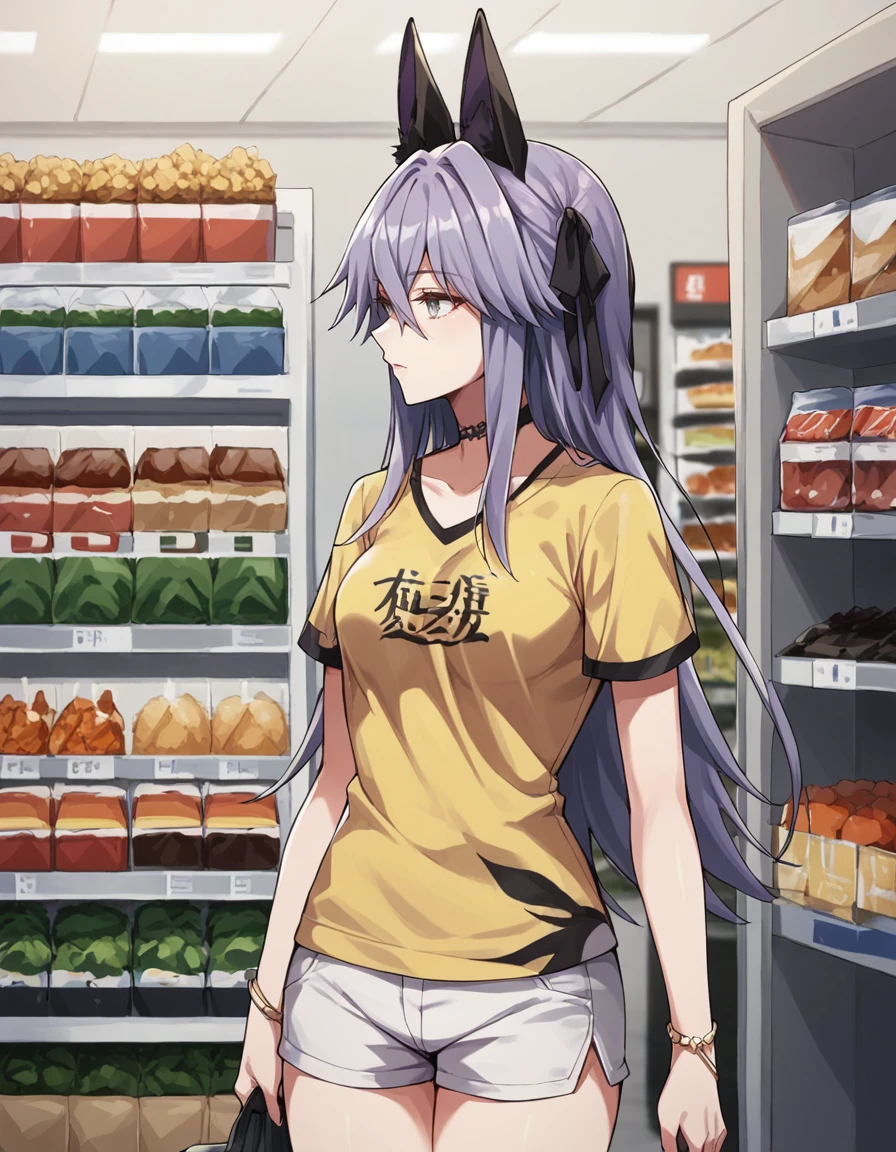 score_9, score_8_up, score_7_up, source_anime, BREAK
1girl, looking away,
nyantan kikeepat, long hair, purple hair, hair between eyes, hair ribbon, animal ears, grey eyes,
yellow t-shirt, short sleeves, white shorts, print shirt, shopping,
<lora:nyantan_kikeepat_anime_v3-soralz:0.9>,