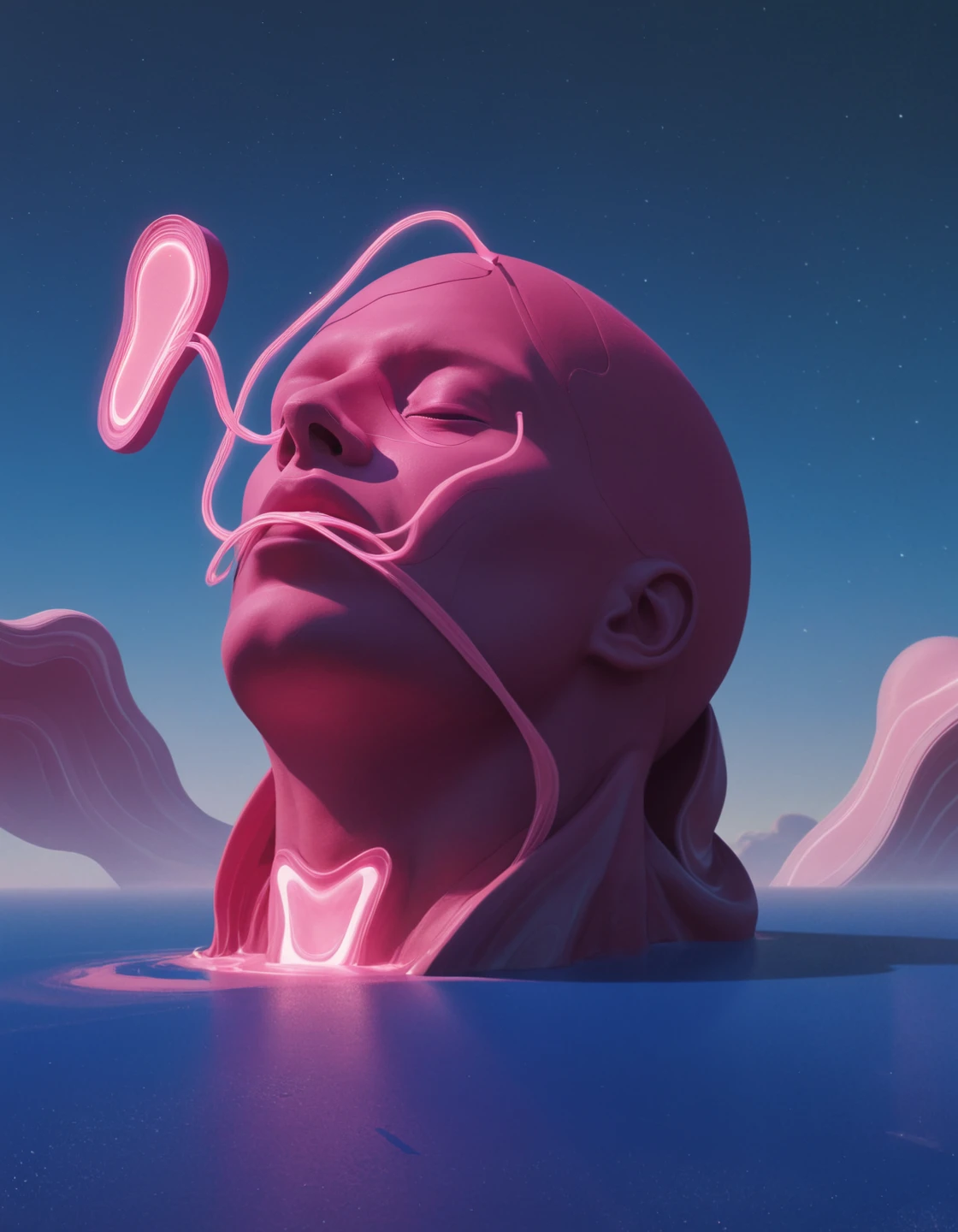 vmos, tiny cloaked person with red standing on a vast blue plane before a head tilted back with its eyes closed and glowing white and pink light coming out of its neck with a floating wavy line blob with layers, pink 3d line twisting in the air just above the face, line around nose and mouth, purple pink beige gradient sky, grainy, white stars