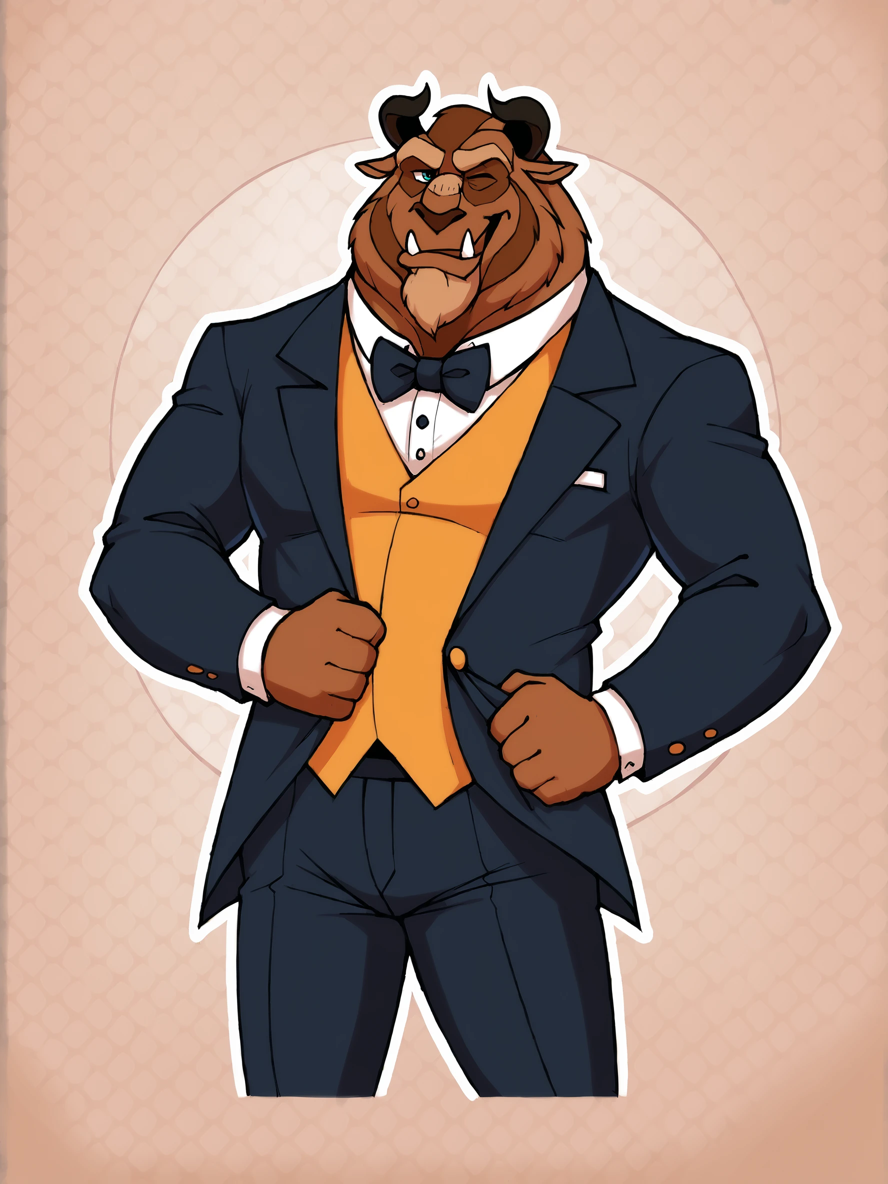 score_9, score_8up, score_7up, score_6up, score_5up, score_4up, source_furry, rating_questionable, BREAK
abstract background, BREAK
mature male, furry, dizbeast, brown body, horns, fangs, BREAK
tuxedo, bowtie, black pants, BREAK
<lora:Disneys_Beast_PDXL:1>