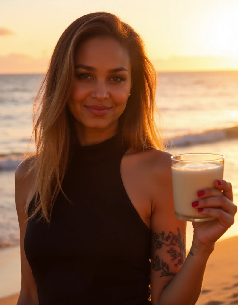 Photograph of a sexy sexy sexy semi playing with herself, con cabello oscuro en una cola de caballo alta, Divertirse en una playa,( Encuadre de cuerpo completo:1.2), With the ocean in the background, Bajo la luz de la hora dorada, (Disparo desde abajo:1.2), on a Polaroid SX-70 with Fujicolor Pro film, al estilo de Walker Evans