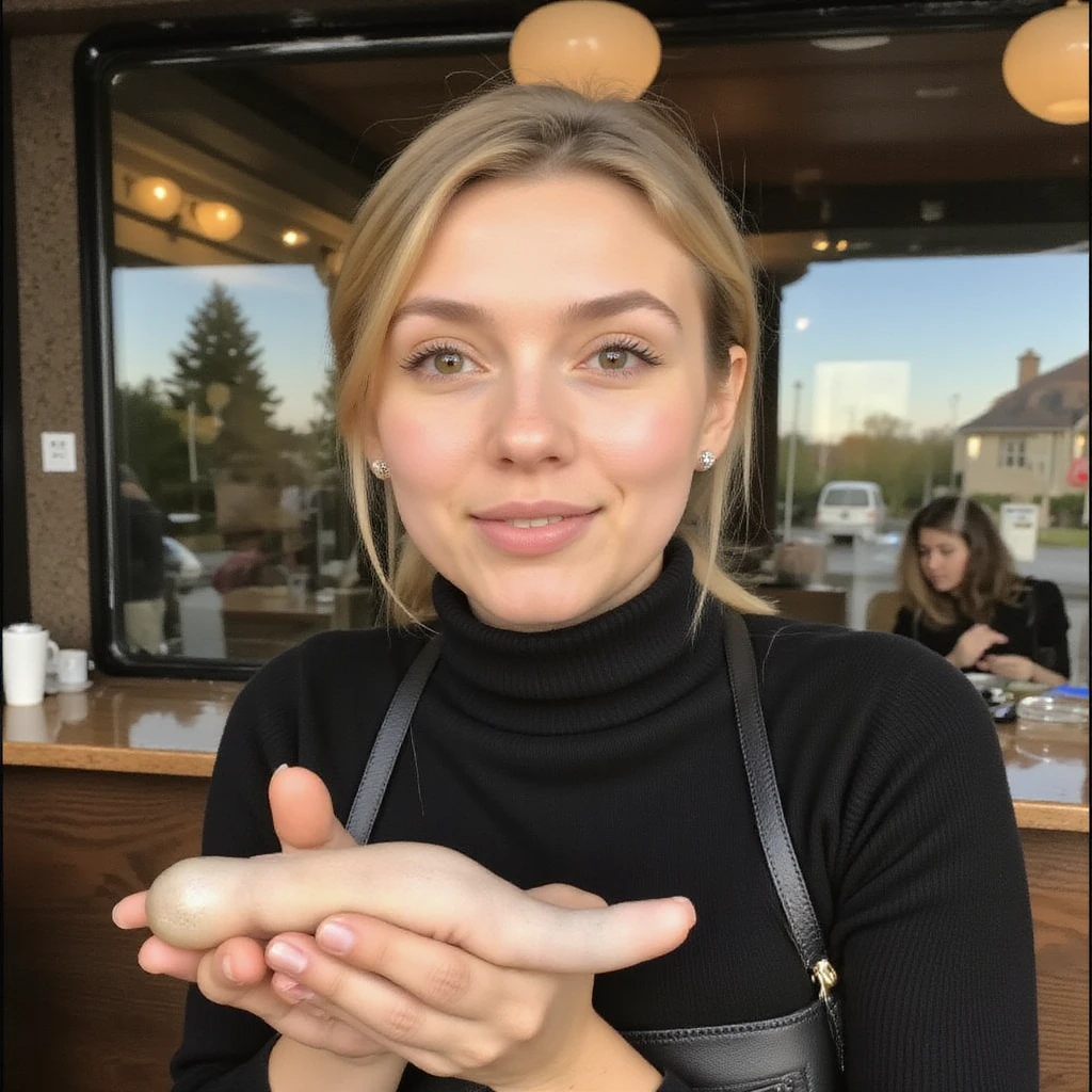 photo realistic, 30mm amateur photo, natural detailled skin, blonde woman, wearing a turtleneck dress in a starbucks cafe, holding a gaebul worm creature in hand, looking at viewer, smiling <lora:Gaebul_flux_v1:1.3>