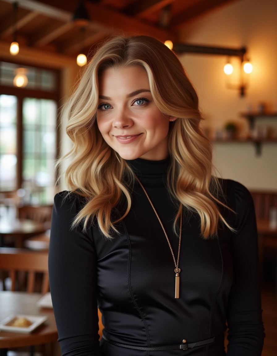 <lora:Natalie_Dormer_Flux:1> beautiful detailed photograph, blonde wearing a turtleneck dress standing in cafe looking at the viewer, smiling