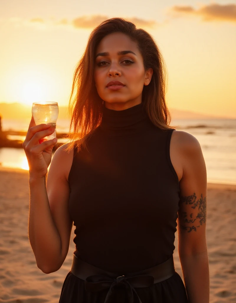 Melissa Bonny, arm tattoo, having a cocktail one the beach at sunset. she wears a turtleneck<lora:Melissa_Bonny:0.9>