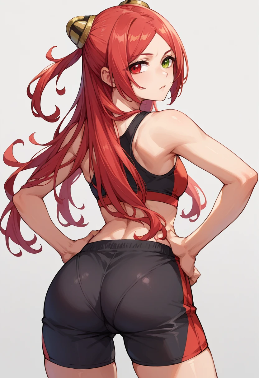 score_9, score_8_up, source_anime, 1girl, solo, ShibaTomoshibi, heterochromia, red hair, long hair, parted bangs, hairpods, from behind, looking back, hands on hips, sports bra, black shorts, ass, <lora:ChamShibaTomoshibiPonyXL:1>