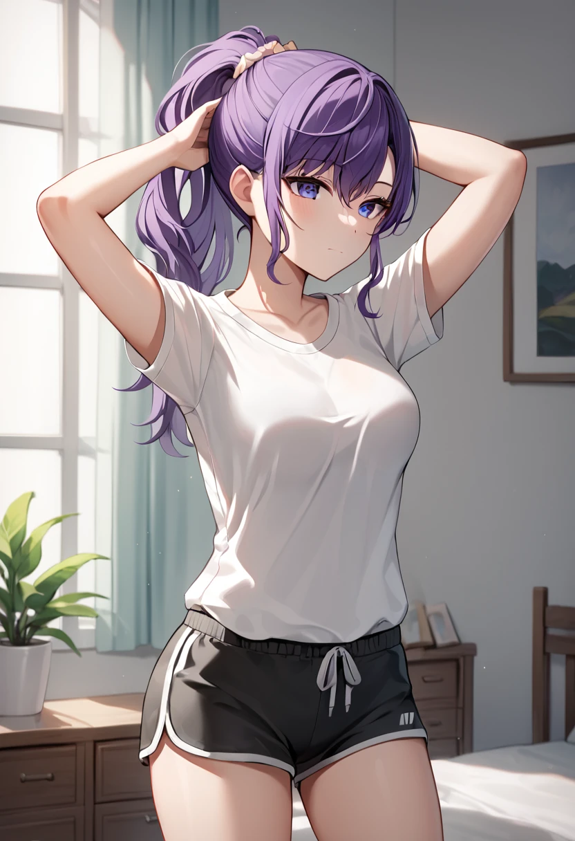 asahina_mafuyu,  purple hair, long hair, ponytail, purple eyes, blue eyes, gradient eyes, medium breasts, white shirt, gray dolphin shorts
BREAK
indoors, bedroom
BREAK
cowboy shot, standing,closed mouth, neutral look, tying hair, arms behind head
BREAK
best quality, masterpiece,score_9, score_8_up, score_7_up, perfect hand, , source_anime, zPDXL,  <lora:Asahina_Mafuyu:0.8>,