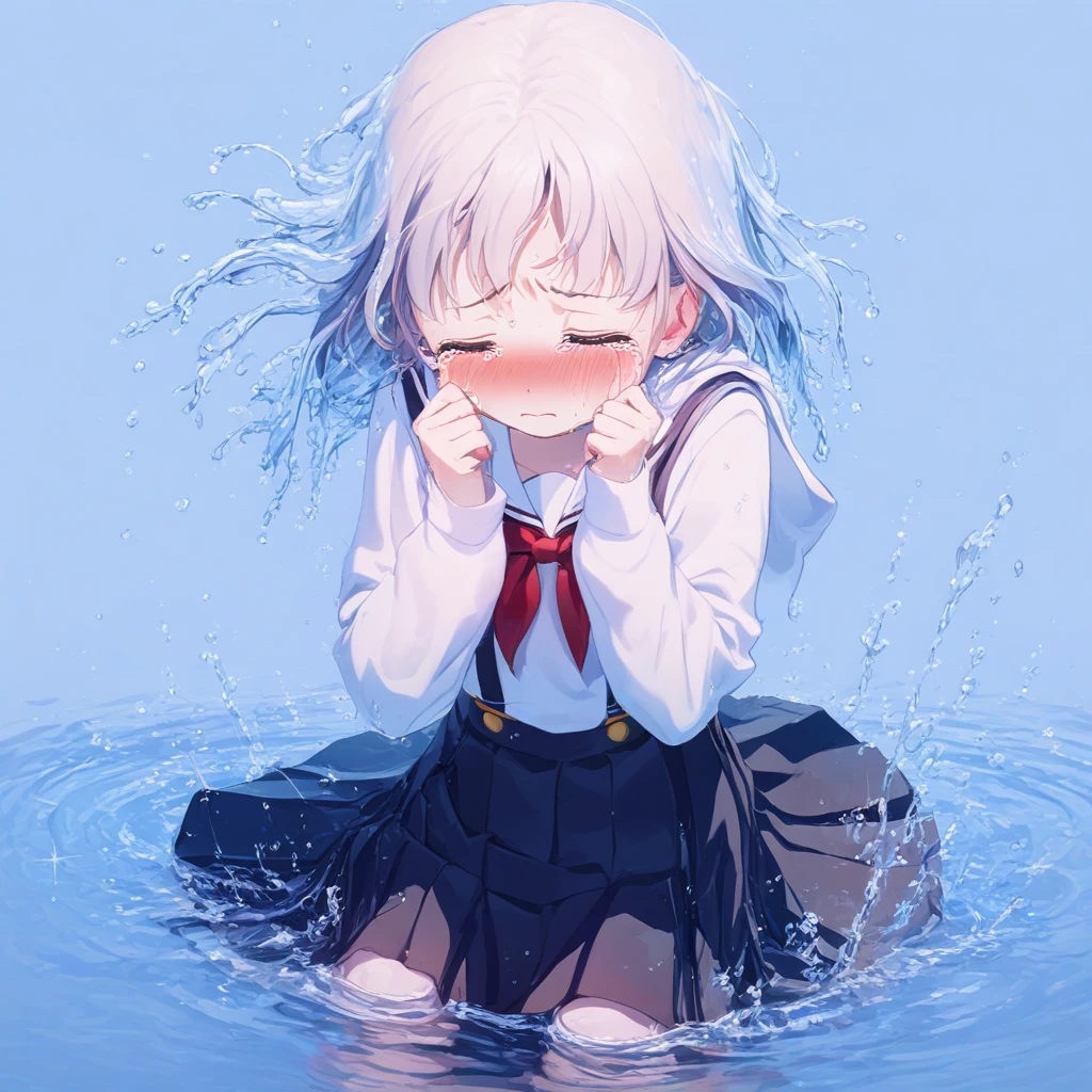 water, 1girl, hood, simple background, school uniform, closed eyes, suspender skirt, tears, blush, closed mouth