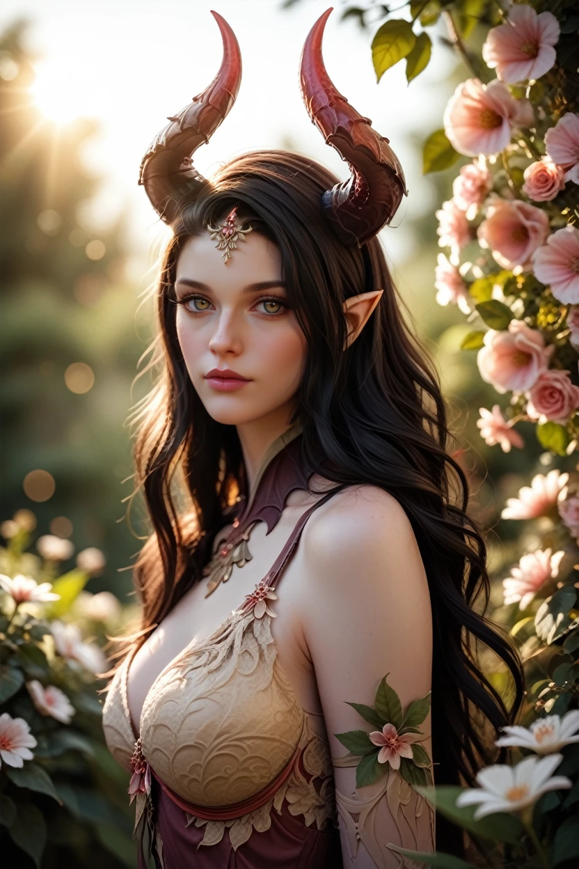 score_9, score_8_up, score_7_up, score_6_up
<lora:LAVykas:1.0>
LAVykas, 1girl, black hair, long hair, pointy ears, demon horns, looking at viewer, standing in a sunlit garden, surrounded by blooming flowers, soft focus background with bokeh, gentle breeze rustling through leaves, romantic and dreamy ambiance