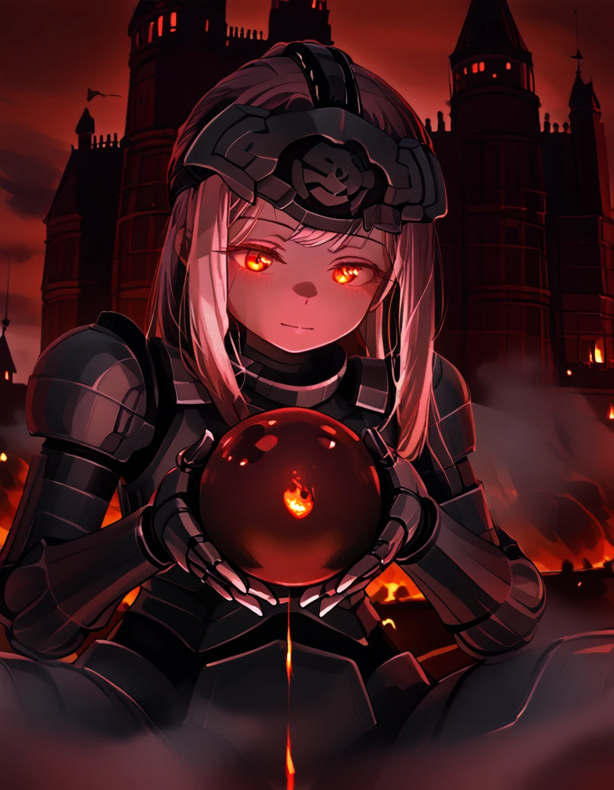 1girl, chloe_von_einzbern, close-up, flaming eyes, mechanical armor, castle, night, red theme, red sky, full body, mist, holding fire balls, dark