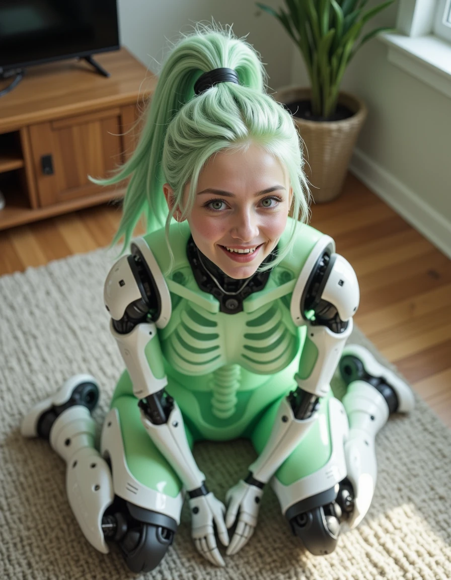 <lora:emmy-automatic:1> emmyauto, This is a <lora:real-lora:1> ultrarealistic pov closeup from above of a humanoid character kneeling in front of the viewer in a living room. The character appears to be a female with light green hair styled in a high ponytail, which is tied with a black band. She has a pale complexion . She has translucent green skin that reveals her skeletal structure, with a transparent, gel-like substance covering her bones. Her arms are covered in mechanical exoskeletons, and she wears large, white, futuristic boots with black accents. The character's legs are also covered in mechanical armor, with joints that suggest mobility and strength. she is looking up at the viewer with her mouth open and her tongue out, smiling slightly.