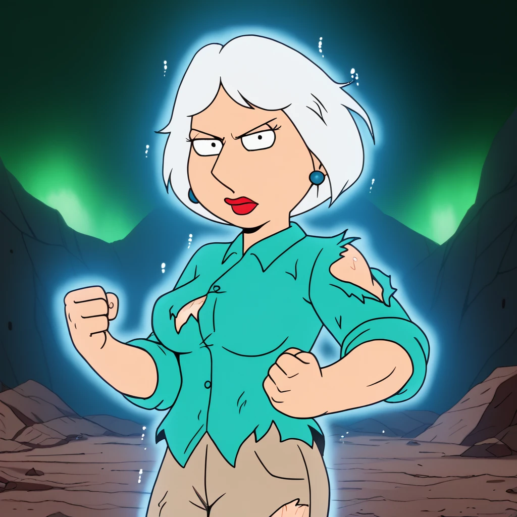 score_8_up, BREAK, lois, 1girl, blue earrings, jewelry, short hair, white hair, solo, lipstick, aqua shirt, beige pants, breasts, sleeves rolled up, <lora:LoisGriffinPon2.0:0.8>, UltraInstInctAura, aura, light particles, glowing skin, glowing clothes, debris,  <lora:UltraInstinctAura_PXL_Leaf2:1>, clenched hands, looking at viewer, cowboy shot, torn clothes, muscular,