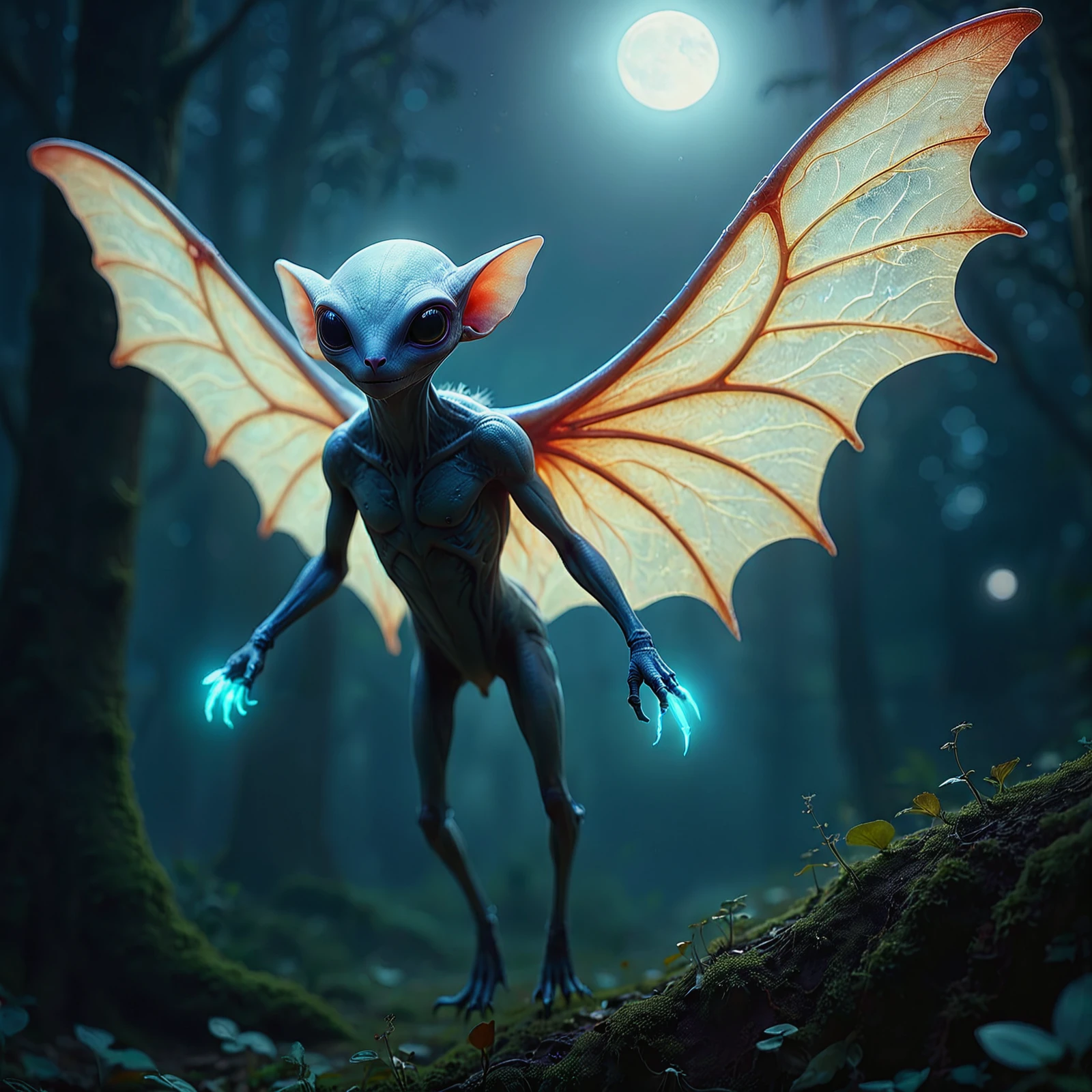 An alien creature with membraneous wings, vein-covered body, luminous in the moonlight. 

<lora:GliderCritter01-00_CE_SDXL_64x32x120x2bOT:1>

gldrcrtrCE style