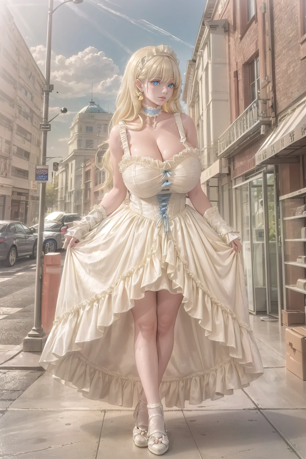 (masterpiece, best quality:1.2),illustration,8k,hd,solo,(blonde hair:1.4),1 girl,very long hair,cyan hair,solo,yg,white dress,earrings,choker,collarbone,footwear,heel,white gloves((cleavage:1.2)),huge breasts,(outdoors:1.4),(glowing blue eyes:1.3),full body,