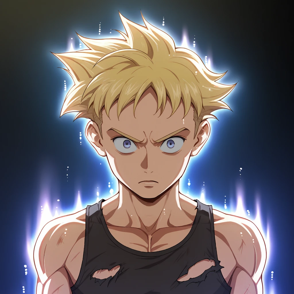 score_9_up, score_8_up, BREAK, UltraInstInctAura, aura, light particles, glowing skin, glowing clothes, 1boy, solo, blonde hair, short hair, tank top, pants, torn clothes, upper body, arms at sides,  <lora:UltraInstinctAura_PXL_Leaf2:1>, ,